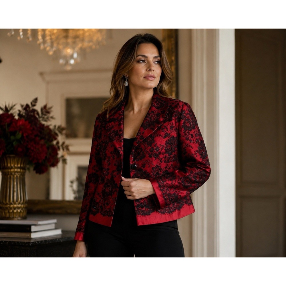 Victor Costa Occasions Red & Black Beaded Floral Silk Cropped Jacket Size Small